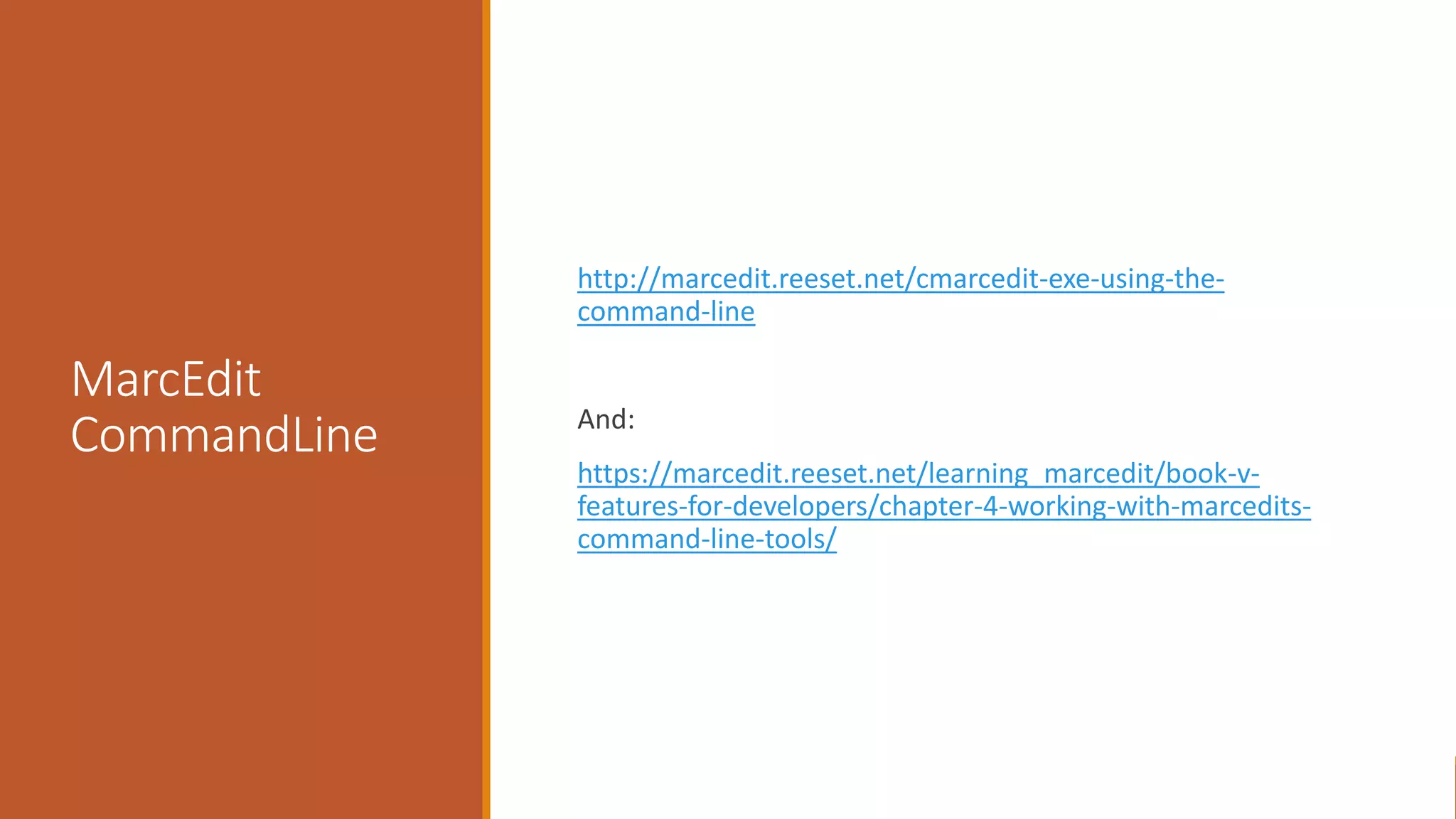 MarcEdit
CommandLine
http://marcedit.reeset.net/cmarcedit-exe-using-the-
command-line
And:
https://marcedit.reeset.net/learning_marcedit/book-v-
features-for-developers/chapter-4-working-with-marcedits-
command-line-tools/
 