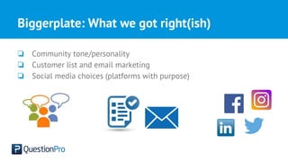 Biggerplate: What we got right(ish)
❏ Community tone/personality
❏ Customer list and email marketing
❏ Social media choices (platforms with purpose)
 