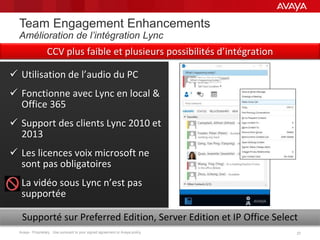 Avaya - Proprietary. Use pursuant to your signed agreement or Avaya policy. 2727
Team Engagement Enhancements
Amélioration de l’intégration Lync
 Utilisation de l’audio du PC
 Fonctionne avec Lync en local &
Office 365
 Support des clients Lync 2010 et
2013
 Les licences voix microsoft ne
sont pas obligatoires
 La vidéo sous Lync n’est pas
supportée
Supporté sur Preferred Edition, Server Edition et IP Office Select
CCV plus faible et plusieurs possibilités d’intégration
 