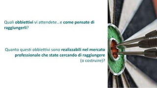 Quali obbiettivi vi attendete…e come pensate di
raggiungerli?
Quanto questi obbiettivi sono realizzabili nel mercato
professionale che state cercando di raggiungere
(o costruire)?
 