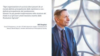“Ogni organizzazione di successo deve passare da un
mondo definito principalmente dalla ripetizione a uno
definito principalmente dal cambiamento.
Questa è la più grande trasformazione nella struttura del
modo in cui gli esseri umani lavorano insieme dalla
Rivoluzione Agricola”
Bill Drayton
Social Entrepreneur, uno dei «25 Best American Leader» nominati da US
News & World Report, membro dell'American Philosophical Society
 