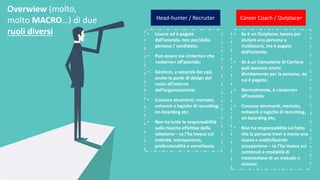 Overwiew (molto,
molto MACRO…) di due
ruoli diversi
Head-hunter / Recruiter Career Coach / Outplacer
• Lavora ed è pagato
dall’azienda, non per/dalla
persona / candidato;
• Può essere sia «interno» che
«esterno» all’azienda;
• Gestisce, a seconda dei casi,
anche la parte di design del
ruolo all’interno
dell’organizzazione;
• Conosce strumenti, mercato,
network e logiche di recruiting,
on-boarding etc;
• Non ha tutte le responsabilità
sulla riuscita effettiva della
selezione – ce l’ha invece sul
metodo, transparenza,
professionalità e correttezza;
• Se è un Outplacer, lavora per
aiutare una persona a
ricollocarsi, ma è pagato
dall’azienda;
• Se è un Consulente di Carriera
può lavorare anche
direttamente per la persona, da
cui è pagato;
• Normalmente, è «esterno»
all’azienda;
• Conosce strumenti, mercato,
network e logiche di recruiting,
on-boarding etc;
• Non ha responsabilità sul fatto
che la persona trovi o meno una
nuova e soddisfacente
occupazione – ce l’ha invece sui
contenuti e modalità di
trasmissione di un metodo e
visione;
 