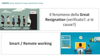 Il fenomeno della Great
Resignation (verificato?..e le
cause?)
Smart / Remote working
ESEMPIO: alcuni spunti di «nuove» dinamiche e trend
 