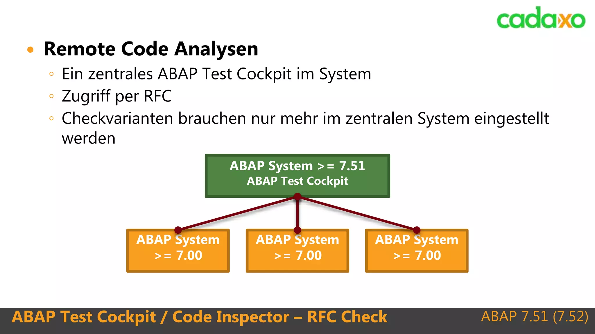 ABAP 7.51 (7.52)ABAP Test Cockpit / Code Inspector – RFC Check
 Remote Code Analysen
◦ Ein zentrales ABAP Test Cockpit im System
◦ Zugriff per RFC
◦ Checkvarianten brauchen nur mehr im zentralen System eingestellt
werden
ABAP System
>= 7.00
ABAP System
>= 7.00
ABAP System
>= 7.00
ABAP System >= 7.51
ABAP Test Cockpit
 