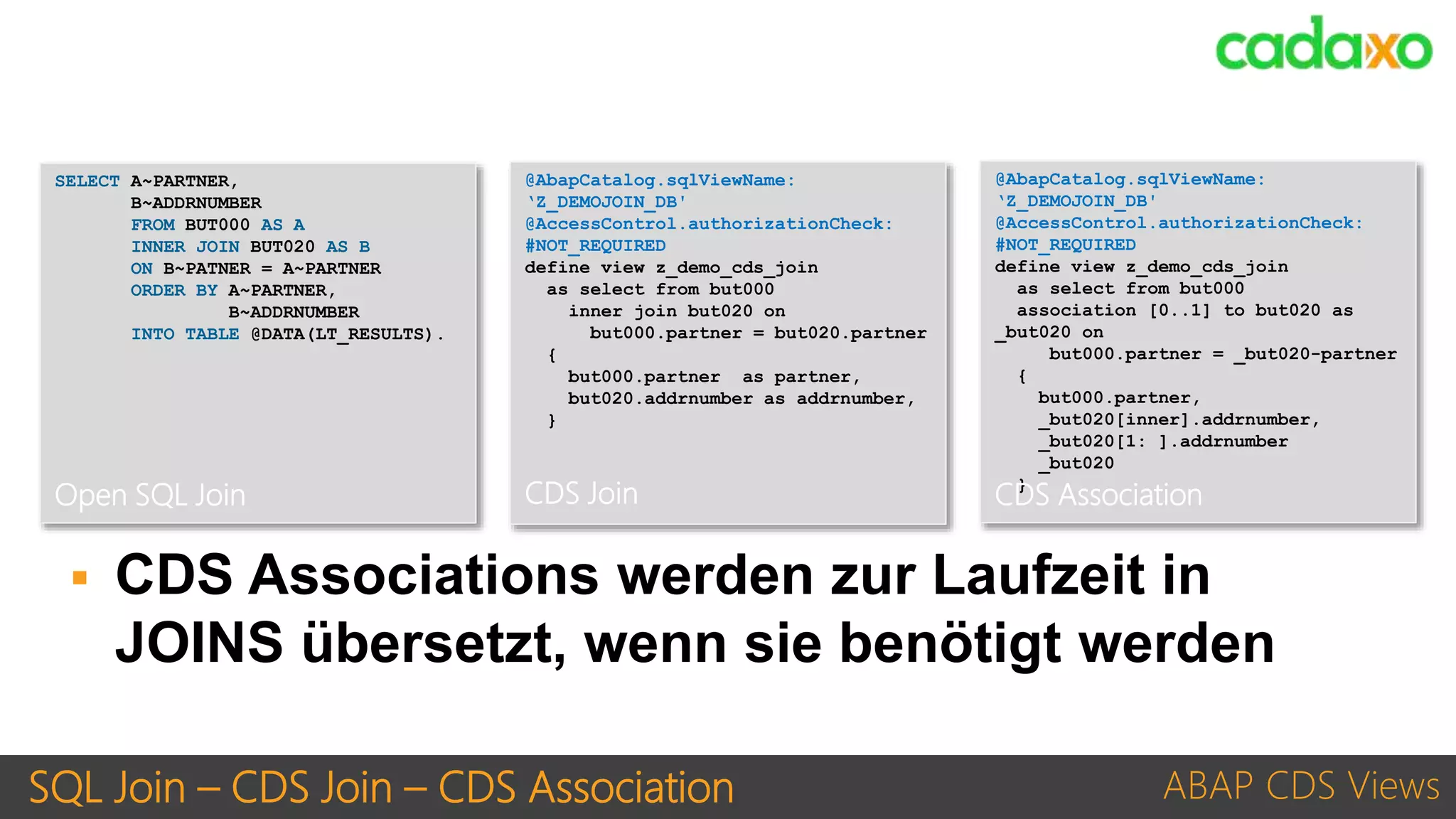 SQL Join – CDS Join – CDS Association ABAP CDS Views
SELECT A~PARTNER,
B~ADDRNUMBER
FROM BUT000 AS A
INNER JOIN BUT020 AS B
ON B~PATNER = A~PARTNER
ORDER BY A~PARTNER,
B~ADDRNUMBER
INTO TABLE @DATA(LT_RESULTS).
Open SQL Join
@AbapCatalog.sqlViewName:
‘Z_DEMOJOIN_DB'
@AccessControl.authorizationCheck:
#NOT_REQUIRED
define view z_demo_cds_join
as select from but000
inner join but020 on
but000.partner = but020.partner
{
but000.partner as partner,
but020.addrnumber as addrnumber,
}
CDS Join
@AbapCatalog.sqlViewName:
‘Z_DEMOJOIN_DB'
@AccessControl.authorizationCheck:
#NOT_REQUIRED
define view z_demo_cds_join
as select from but000
association [0..1] to but020 as
_but020 on
but000.partner = _but020-partner
{
but000.partner,
_but020[inner].addrnumber,
_but020[1: ].addrnumber
_but020
}
CDS Association
 CDS Associations werden zur Laufzeit in
JOINS übersetzt, wenn sie benötigt werden
 