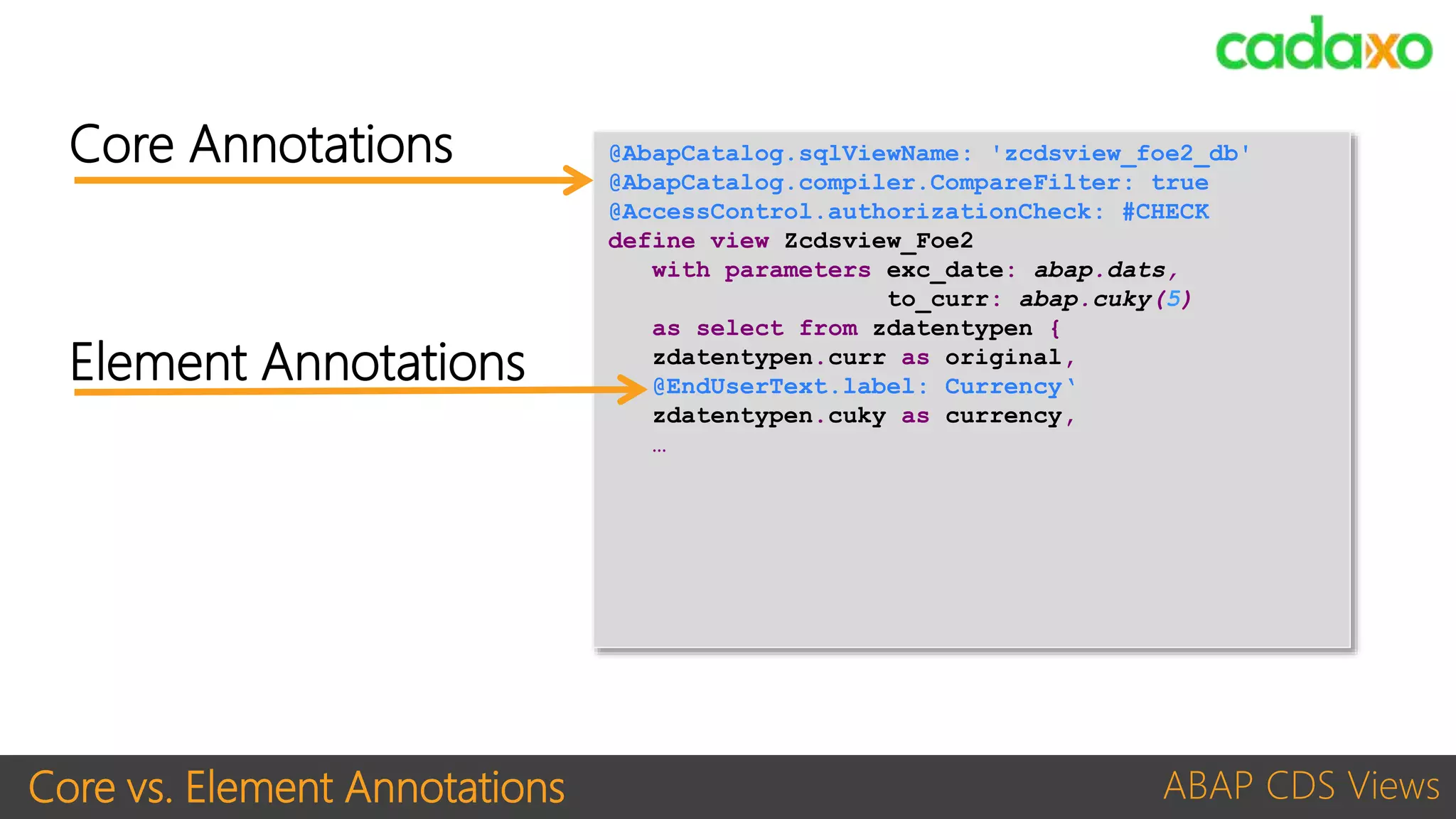 Core vs. Element Annotations ABAP CDS Views
@AbapCatalog.sqlViewName: 'zcdsview_foe2_db'
@AbapCatalog.compiler.CompareFilter: true
@AccessControl.authorizationCheck: #CHECK
define view Zcdsview_Foe2
with parameters exc_date: abap.dats,
to_curr: abap.cuky(5)
as select from zdatentypen {
zdatentypen.curr as original,
@EndUserText.label: Currency‘
zdatentypen.cuky as currency,
…
Core Annotations
Element Annotations
 