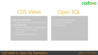 CDS Views vs. Open SQL Expressions ABAP CDS Views
• Re-Use Scenarien
• Views können verschachtelt werden
• CDS Features
• UNION, UNION ALL, Mengen bzw.
Währungs Umrechnungen
• Associations
• Berechtigungsprüfungen
CDS Views Open SQL
• Einmalverwendungen
• FOR ALL ENTRIES
• Kein Eclipse
 
