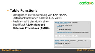 ABAP CDS Views
 Table Functions
◦ Ermöglichen die Verwendung von SAP HANA
Datenbankfunktionen direkt in CDS Views
◦ Realisiert wird dies durch einen
Zugriff auf ABAP Managed
Database Procedures (AMDB)
Table Functions
define table function z_function
with parameters
i_value :abap.int4
returns
{
e_value:abap.int4
}
implemented by method zcl_function=>get_data;
DDL Table Function (Draft)
SELECT SINGLE FROM z_function( i_value = 1 )
FIELDS *
INTO @DATA(ls_result)
ABAP SQL
 