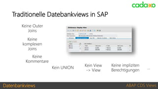 Datenbankviews ABAP CDS Views
Traditionelle Datebankviews in SAP
Keine Outer
Joins
Keine
komplexen
Joins
Keine
Kommentare
Kein UNION
Kein View
-> View
…
Keine impliziten
Berechtigungen
 