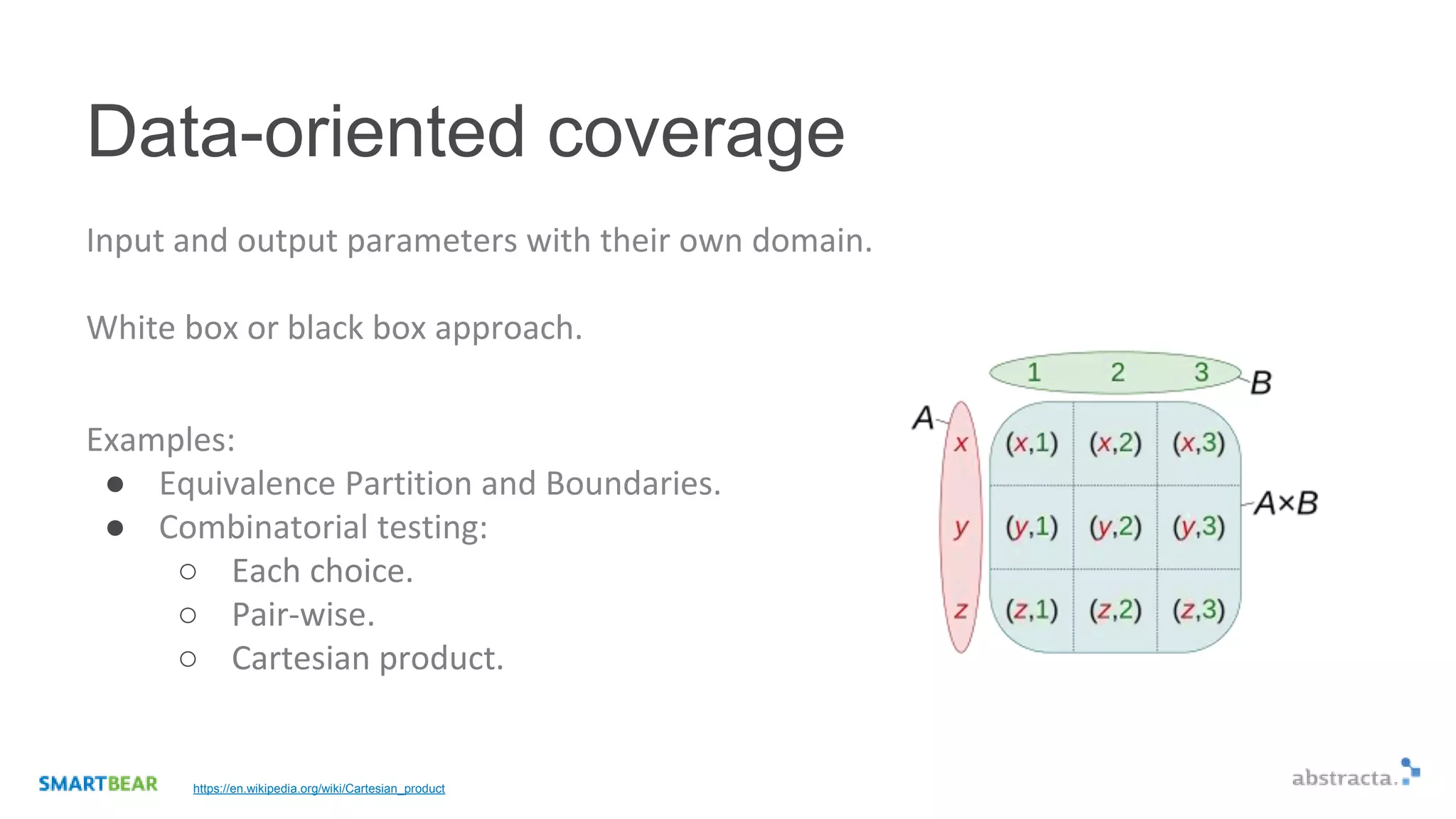 Data-oriented coverage
Input and output parameters with their own domain.
White box or black box approach.
https://en.wikipedia.org/wiki/Cartesian_product
Examples:
● Equivalence Partition and Boundaries.
● Combinatorial testing:
○ Each choice.
○ Pair-wise.
○ Cartesian product.
 