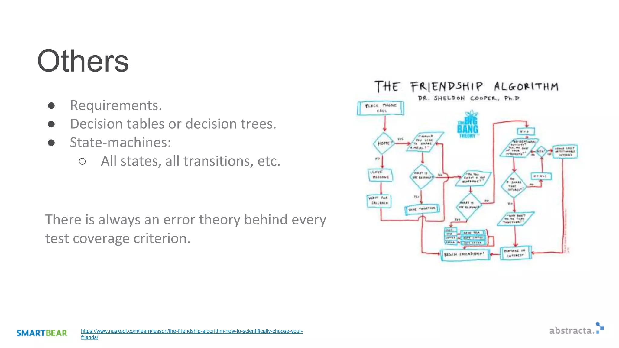 Others
● Requirements.
● Decision tables or decision trees.
● State-machines:
○ All states, all transitions, etc.
https://www.nuskool.com/learn/lesson/the-friendship-algorithm-how-to-scientifically-choose-your-
friends/
There is always an error theory behind every
test coverage criterion.
 