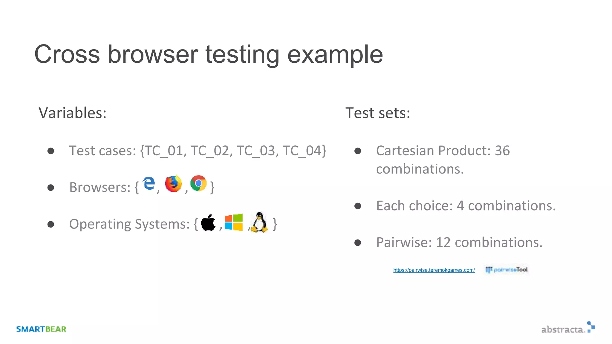 Cross browser testing example
Variables:
● Test cases: {TC_01, TC_02, TC_03, TC_04}
● Browsers: { , , }
● Operating Systems: { , , }
Test sets:
● Cartesian Product: 36
combinations.
● Each choice: 4 combinations.
● Pairwise: 12 combinations.
https://pairwise.teremokgames.com/
 