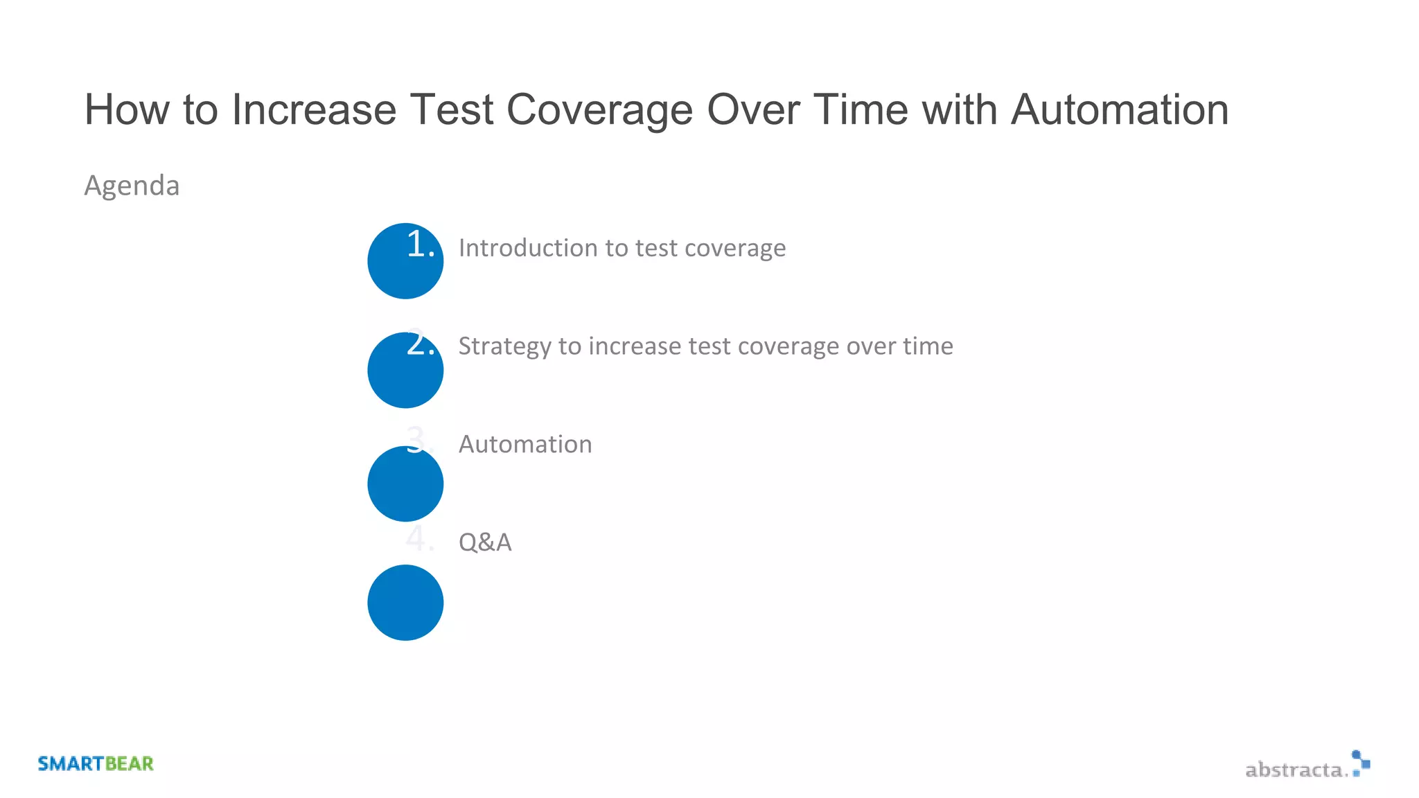 How to Increase Test Coverage Over Time with Automation
1. Introduction to test coverage
2. Strategy to increase test coverage over time
3. Automation
4. Q&A
Agenda
 