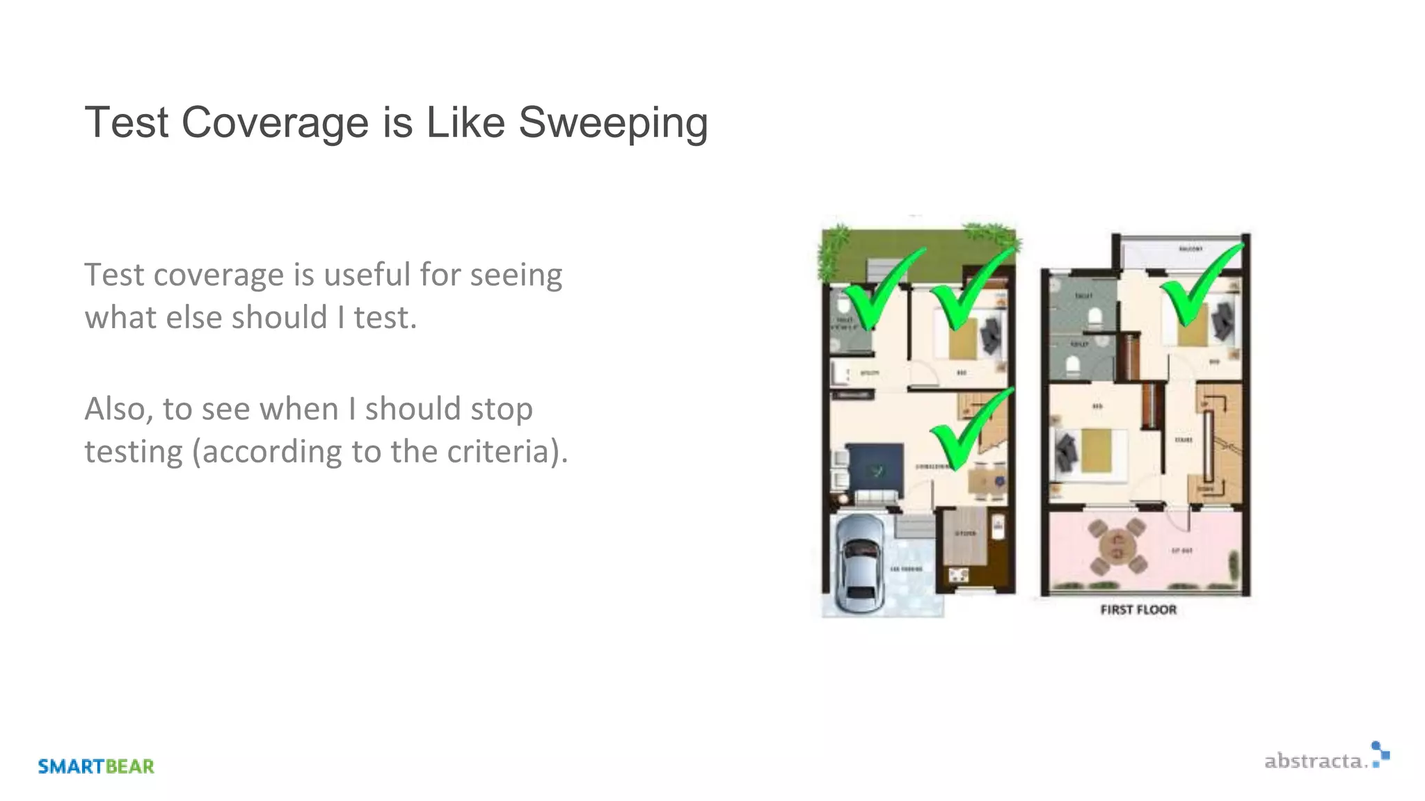 Test Coverage is Like Sweeping
Test coverage is useful for seeing
what else should I test.
Also, to see when I should stop
testing (according to the criteria).
 