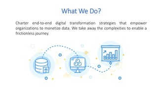 What We Do?
Charter end-to-end digital transformation strategies that empower
organizations to monetize data. We take away the complexities to enable a
frictionless journey.
 
