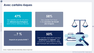 Thereisabetterway
10
usetemplate_202004
OCTO Part of Accenture © 2020 - All rights reserved
Avec certains risques
47%
Des salariés sont en situation
de détresse psychologique,
dont 21% en détresse élevée
...? %
Impacts en productivité ?
58%
Des salariés font face
à des journées de travail
plus longues
50%
Des sondés redoutent que leur
employeur s’y oppose : par
culture du présentéisme (45%),
par manque de confiance (17%)
Sources : Enquêtes 2020 Institut OpinionWay, Deskeo et Supermood
 