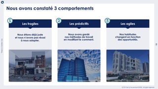 Thereisabetterway
13
usetemplate_202004
OCTO Part of Accenture © 2020 - All rights reserved
Nous avons constaté 3 comportements
Les fragiles Les agilesLes prédictifs
Nous étions déjà juste
et nous n’avons pas réussi
à nous adapter.
Nous avons gardé
nos méthodes de travail
en modifiant le comment.
Nos habitudes
changent en fonction
des opportunités.
https://www.flickr.com/photos/sese87/21693583352/ https://www.flickr.com/photos/nakashi/22266034969/
 