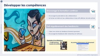 Thereisabetterway
17
usetemplate_202004
OCTO Part of Accenture © 2020 - All rights reserved
• Créer une culture du feedback formel et spontané
• Encourager les feedbacks 360, horizontaux et verticaux
Fait régulièrement des feedbacks
Encourage la formation continue
• Encourager la polyvalence des collaborateurs
• Se former soi-même et ses collaborateurs à des softs skills (ex: écoute active)
Développer les compétences
+3 600 learning
boards Accenture
Accenture Performance Achievement
Exemples d’accélérateurs
https://www.flickr.com/photos/infomatique/34742113766/
 