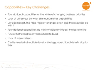 11
• Foundational capabilities at the whim of changing business priorities
• Lack of consensus on what are foundational capabilities
• Let’s be honest, the “Top Project” changes often and the resources go
with it
• Foundational capabilities do not immediately impact the bottom line
• Future that’s hard to envision is hard to build
• Lack of shared vision
• Clarity needed at multiple levels – strategy, operational details, day to
day
Capabilities – Key Challenges
© 2015 Think Big, a Teradata Company 8/3/2015
 