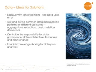 16
• Big issue with lots of opinions – see Data Lake
et. al
• Test and define common data manipulation
patterns for different use cases –
aggregations, reductions, basic statistical
derivations
• Centralize the responsibility for data
governance, data architecture, taxonomy,
and maintenance
• Establish knowledge sharing for data post-
analytics
Data – Ideas for Solutions
© 2015 Think Big, a Teradata Company 8/3/2015
Photo courtesy of Flickr. Creative Commons.
By Renzo Ferrante
 