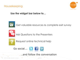 3
Housekeeping
Use the widget bar below to…
Get valuable resources & complete exit survey
Ask Questions to the Presenters
Request online technical help
Go social….
…and follow the conversation
© 2015 Think Big, a Teradata Company 8/3/2015
 