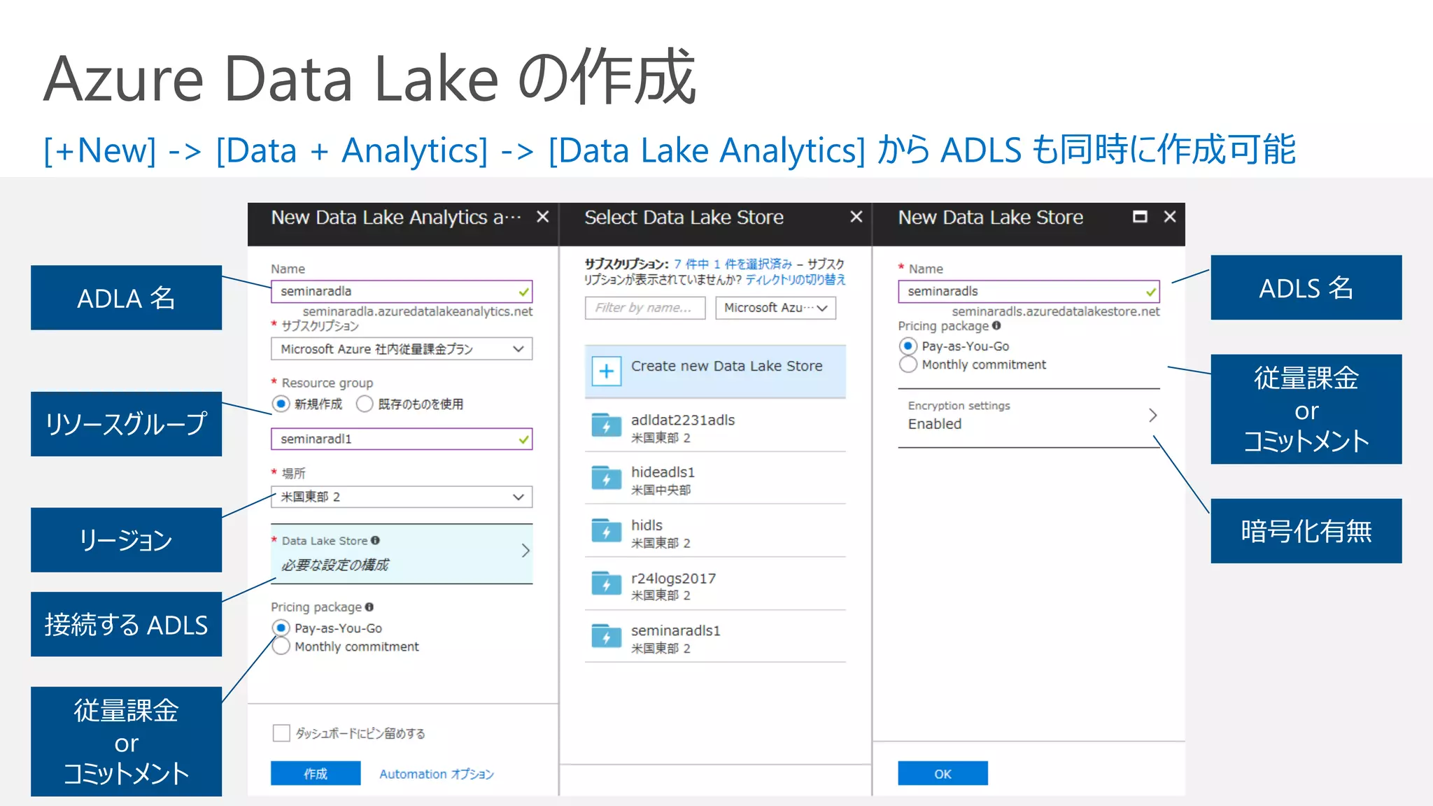 Azure Data Lake の作成
[+New] -> [Data + Analytics] -> [Data Lake Analytics] から ADLS も同時に作成可能
ADLA 名
リソースグループ
リージョン
接続する ADLS
従量課金
or
コミットメント
ADLS 名
暗号化有無
従量課金
or
コミットメント
 
