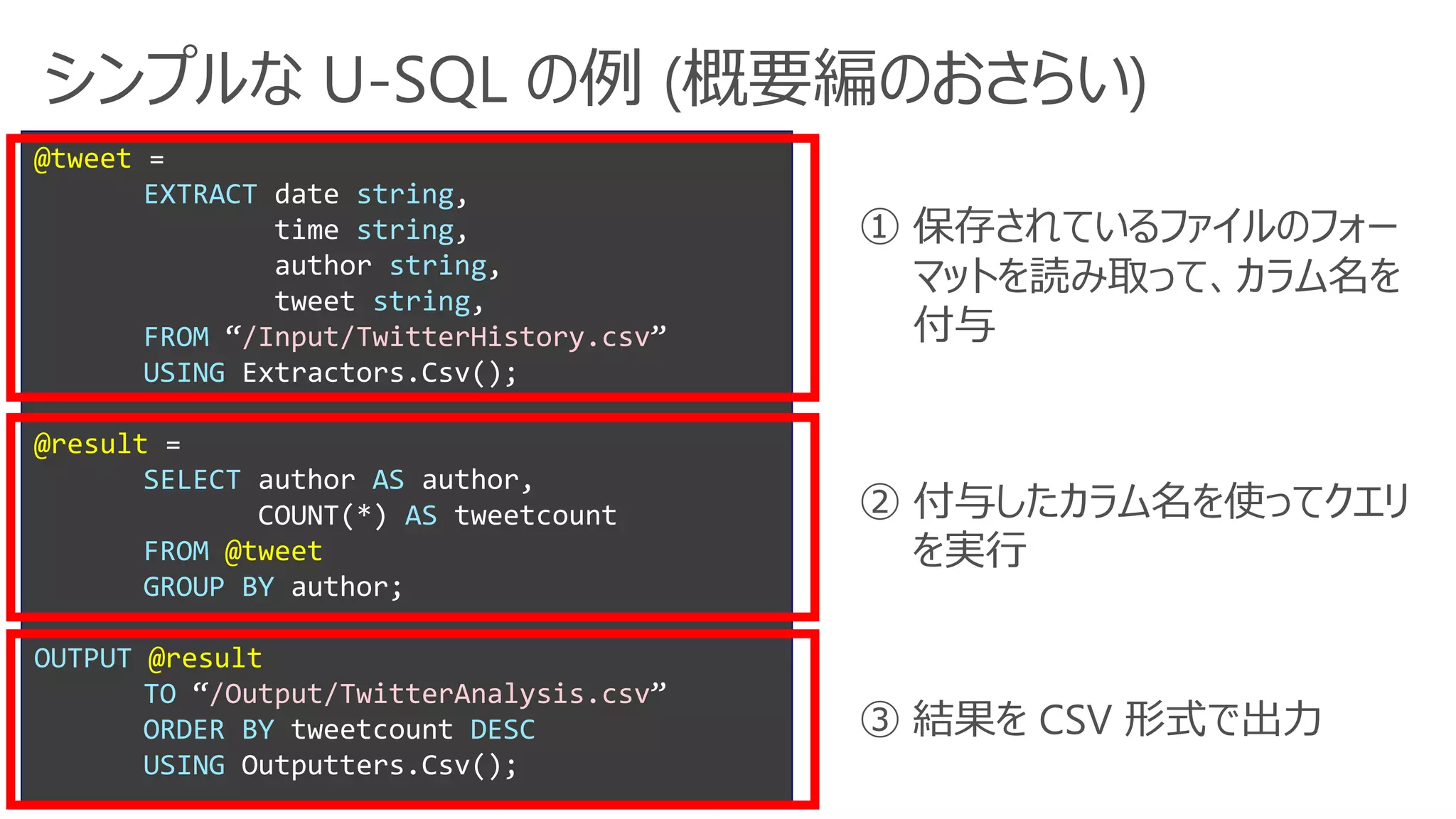 シンプルな U-SQL の例 (概要編のおさらい)
@tweet =
EXTRACT date string,
time string,
author string,
tweet string,
FROM “/Input/TwitterHistory.csv”
USING Extractors.Csv();
@result =
SELECT author AS author,
COUNT(*) AS tweetcount
FROM @tweet
GROUP BY author;
OUTPUT @result
TO “/Output/TwitterAnalysis.csv”
ORDER BY tweetcount DESC
USING Outputters.Csv();
① 保存されているファイルのフォー
マットを読み取って、カラム名を
付与
② 付与したカラム名を使ってクエリ
を実行
③ 結果を CSV 形式で出力
 