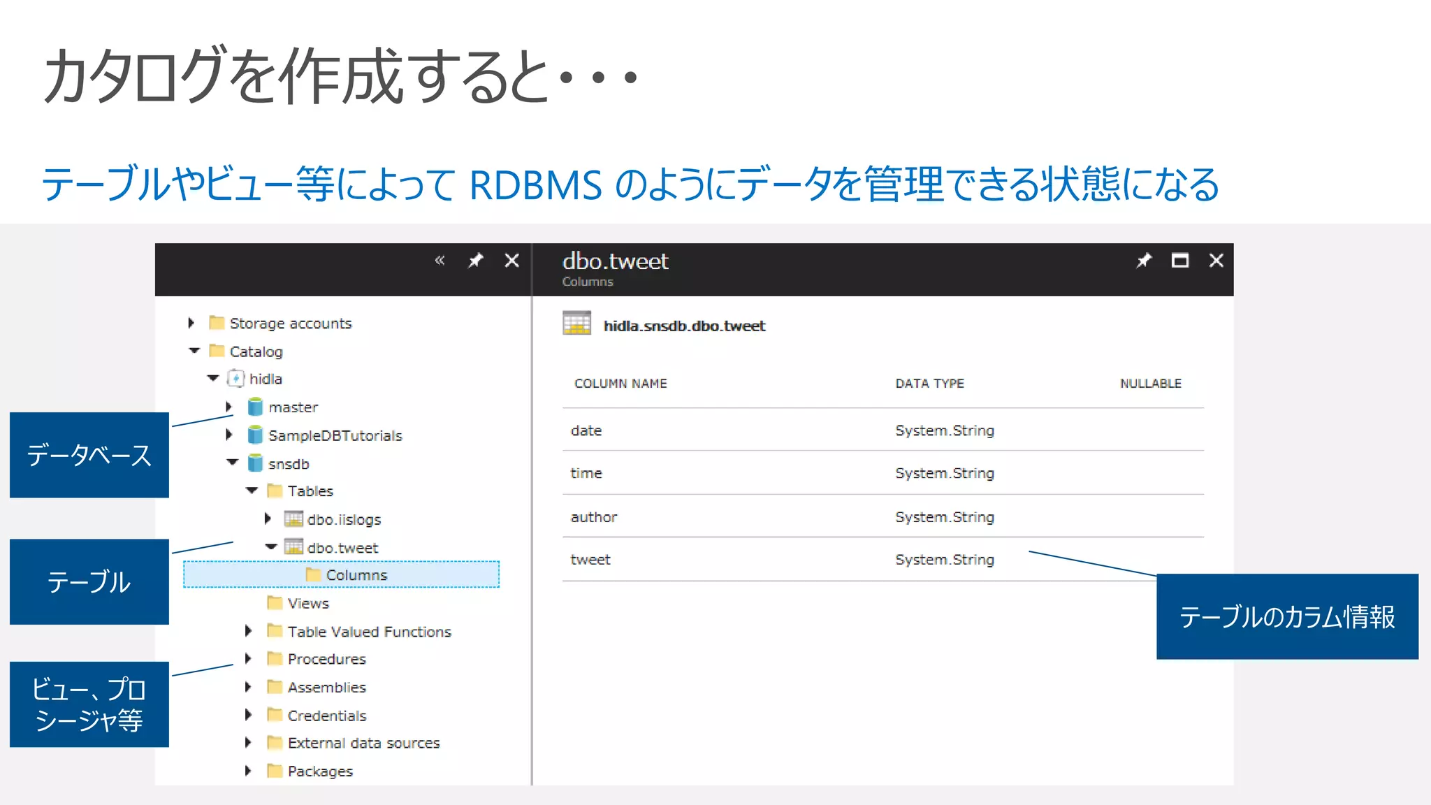 カタログを作成すると・・・
テーブルやビュー等によって RDBMS のようにデータを管理できる状態になる
テーブル
データベース
ビュー、プロ
シージャ等
テーブルのカラム情報
 