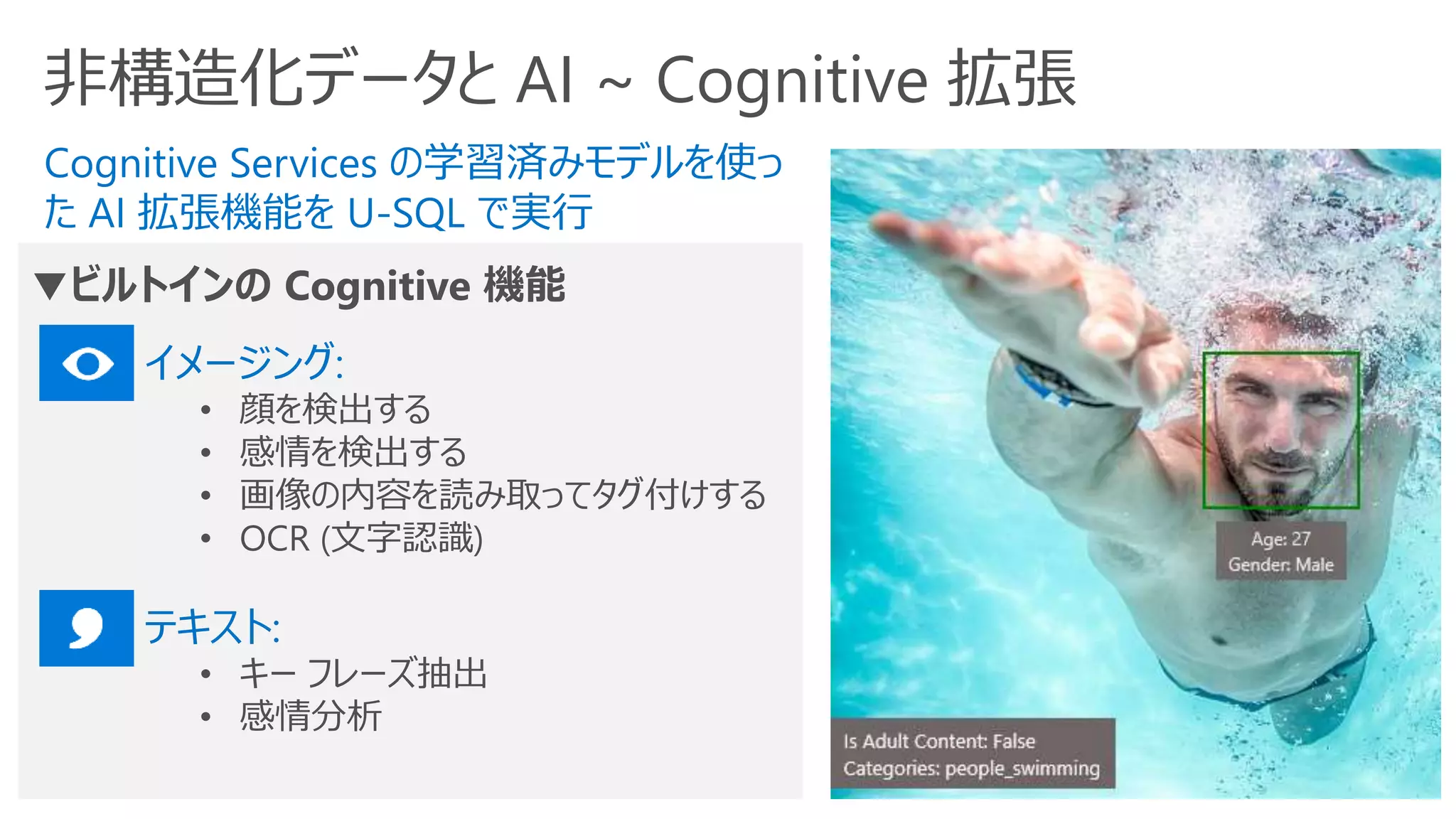 非構造化データと AI ~ Cognitive 拡張
Cognitive Services の学習済みモデルを使っ
た AI 拡張機能を U-SQL で実行
イメージング:
• 顔を検出する
• 感情を検出する
• 画像の内容を読み取ってタグ付けする
• OCR (文字認識)
テキスト:
• キー フレーズ抽出
• 感情分析
▼ビルトインの Cognitive 機能
 