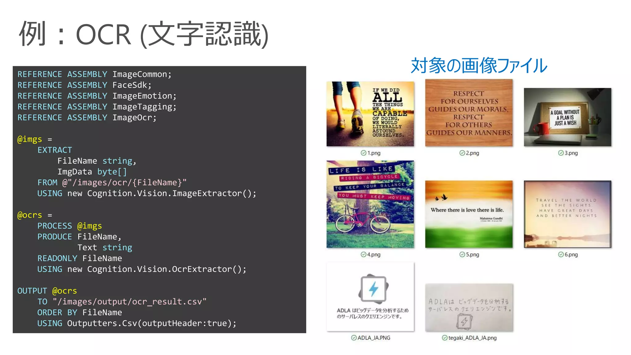 例：OCR (文字認識)
REFERENCE ASSEMBLY ImageCommon;
REFERENCE ASSEMBLY FaceSdk;
REFERENCE ASSEMBLY ImageEmotion;
REFERENCE ASSEMBLY ImageTagging;
REFERENCE ASSEMBLY ImageOcr;
@imgs =
EXTRACT
FileName string,
ImgData byte[]
FROM @"/images/ocr/{FileName}"
USING new Cognition.Vision.ImageExtractor();
@ocrs =
PROCESS @imgs
PRODUCE FileName,
Text string
READONLY FileName
USING new Cognition.Vision.OcrExtractor();
OUTPUT @ocrs
TO "/images/output/ocr_result.csv"
ORDER BY FileName
USING Outputters.Csv(outputHeader:true);
対象の画像ファイル
 