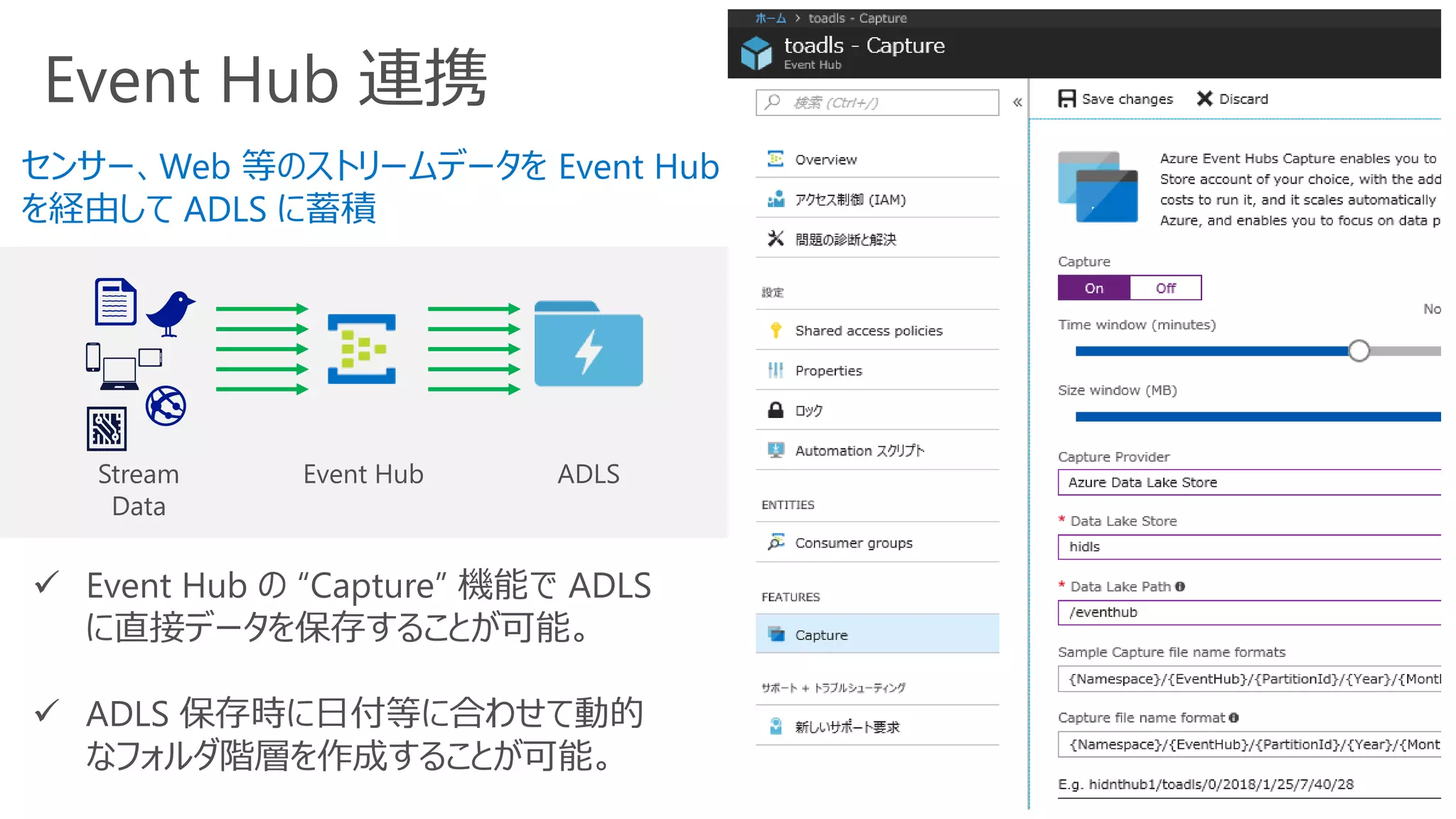 Event Hub 連携
Event Hub ADLSStream
Data
✓ Event Hub の “Capture” 機能で ADLS
に直接データを保存することが可能。
✓ ADLS 保存時に日付等に合わせて動的
なフォルダ階層を作成することが可能。
センサー、Web 等のストリームデータを Event Hub
を経由して ADLS に蓄積
 