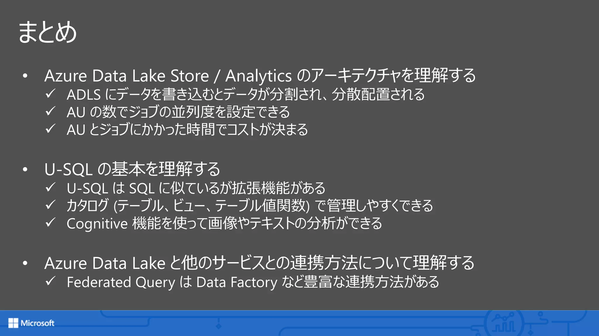 まとめ
• Azure Data Lake Store / Analytics のアーキテクチャを理解する
✓ ADLS にデータを書き込むとデータが分割され、分散配置される
✓ AU の数でジョブの並列度を設定できる
✓ AU とジョブにかかった時間でコストが決まる
• U-SQL の基本を理解する
✓ U-SQL は SQL に似ているが拡張機能がある
✓ カタログ (テーブル、ビュー、テーブル値関数) で管理しやすくできる
✓ Cognitive 機能を使って画像やテキストの分析ができる
• Azure Data Lake と他のサービスとの連携方法について理解する
✓ Federated Query は Data Factory など豊富な連携方法がある
 