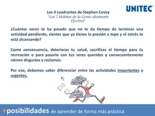 ¿Cuántas veces te ha pasado que no te da tiempo de terminar una
actividad pendiente, sientes que ya tienes la presión a tope y el estrés te
está alcanzando?
Como consecuencia, deterioras tu salud, sacrificas el tiempo para tu
recreación o para pasarlo con tus seres queridos y consecuentemente
vienen disgustos y reclamos.
Por eso, debemos saber diferenciar entre las actividades importantes y
urgentes.
Los 4 cuadrantes de Stephen Covey
“Los 7 Hábitos de la Gente altamente
Efectiva”
+posibilidades de aprender de forma más práctica
 