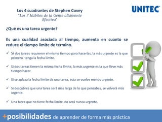 ¿Qué es una tarea urgente?
Es una cualidad asociada al tiempo, aumenta en cuanto se
reduce el tiempo límite de termino.
 Si dos tareas requieren el mismo tiempo para hacerlas, la más urgente es la que
primero tenga la fecha límite.
 Si dos tareas tienen la misma fecha límite, la más urgente es la que lleve más
tiempo hacer.
 Si se aplaza la fecha límite de una tarea, esta se vuelve menos urgente.
 Si descubres que una tarea será más larga de lo que pensabas, se volverá más
urgente.
 Una tarea que no tiene fecha límite, no será nunca urgente.
Los 4 cuadrantes de Stephen Covey
“Los 7 Hábitos de la Gente altamente
Efectiva”
+posibilidades de aprender de forma más práctica
 