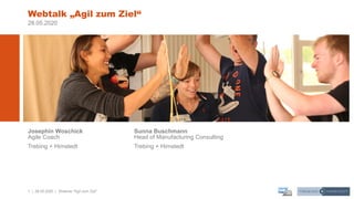 1 | 28.05.2020 |
Josephin Woschick Sunna Buschmann
Agile Coach Head of Manufacturing Consulting
Trebing + Himstedt Trebing + Himstedt
Webtalk „Agil zum Ziel“
28.05.2020
Webinar "Agil zum Ziel"
 