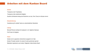 13 | 28.05.2020 |
Arbeiten mit dem Kanban Board
Webinar "Agil zum Ziel"
Antrieb
Transparenz über Projektstatus
Transparenz über anstehende Aufgaben
Deutliche Sichtbarkeit entlang des Wertstroms, wo der „Flow“ (Fluss) ins Stocken kommt
Herausforderung
Visualisierung für verteilte Teams an unterschiedlichen Standorten
Lösung
Microsoft Planner als Basis für Austausch in z.B. täglichen Standups
Pull-Prinzip für Aufgaben
Vision
Kanban wird im gesamten Unternehmen ausgerollt, inkl. Stab
Kanban Prinzipien werden mit unseren Kunden gemeinsam genutzt
Mitarbeiter organisieren auch andere Tätigkeiten mittels Kanban Board
 