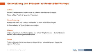 20 | 28.05.2020 |
Entwicklung von Präsenz- zu Remote-Workshops
Webinar "Agil zum Ziel"
Antrieb
Hohen Qualitätsstandard halten – egal ob Präsenz- oder Remote-Workshop
Fokus auf das Projekt für gesamtes Projektteam
Herausforderung
Nähe zum Kunden und Einblick / Verständnis für seine Produktionsanlagen
In Corona-Zeiten ist Vorort-Einsatz nicht möglich
Lösung
Anpassung aller unserer Workshops auf eine remote Vorgehensweise – der Kunde spürt
keinen Unterschied im gelieferten Ergebnis
Vision
Training „Remote Workshops planen und durchführen“ unterstützt unsere Kunden bei
eigenen Workshops
 