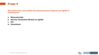 21 | 28.05.2020 |
Frage 4
Webinar "Agil zum Ziel"
Was glauben Sie, ist die größte Herausforderung beim Skalieren der Agilität im
Unternehmen?
a. Wissenstransfer
b. Gleiches Verständnis/ Mindset zur Agilität
c. Zeit
d. Commitment
 