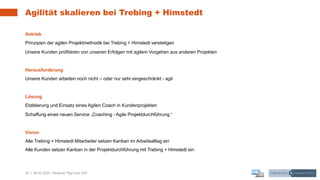 23 | 28.05.2020 |
Agilität skalieren bei Trebing + Himstedt
Webinar "Agil zum Ziel"
Antrieb
Prinzipien der agilen Projektmethodik bei Trebing + Himstedt verstetigen
Unsere Kunden profitieren von unseren Erfolgen mit agilem Vorgehen aus anderen Projekten
Herausforderung
Unsere Kunden arbeiten noch nicht – oder nur sehr eingeschränkt - agil
Lösung
Etablierung und Einsatz eines Agilen Coach in Kundenprojekten
Schaffung eines neuen Service „Coaching - Agile Projektdurchführung “
Vision
Alle Trebing + Himstedt Mitarbeiter setzen Kanban im Arbeitsalltag ein
Alle Kunden setzen Kanban in der Projektdurchführung mit Trebing + Himstedt ein
 