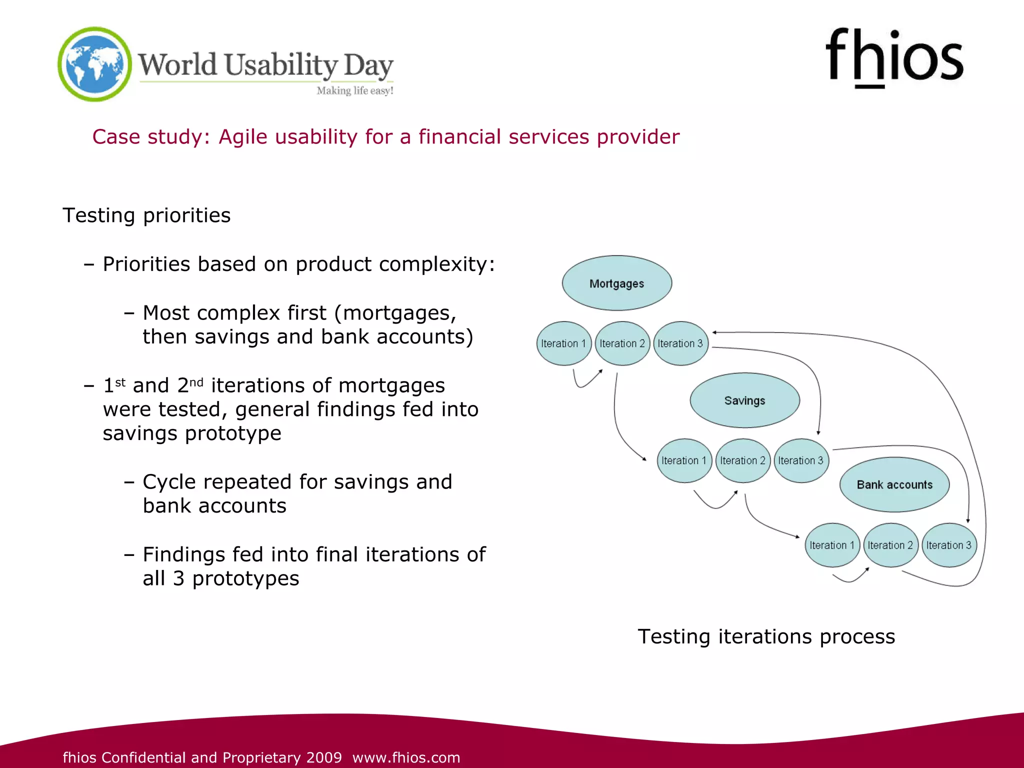 Case study: Agile usability for a financial services provider  Testing priorities Priorities based on product complexity: Most complex first (mortgages, then savings and bank accounts)  1 st  and 2 nd  iterations of mortgages were tested, general findings fed into savings prototype  Cycle repeated for savings and bank accounts Findings fed into final iterations of all 3 prototypes Testing iterations process   