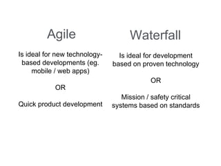 Agile 
Is ideal for new technology- based developments (eg. mobile / web apps) 
OR 
Quick product development 
Waterfall 
Is ideal for development based on proven technology 
OR 
Mission / safety critical systems based on standards  