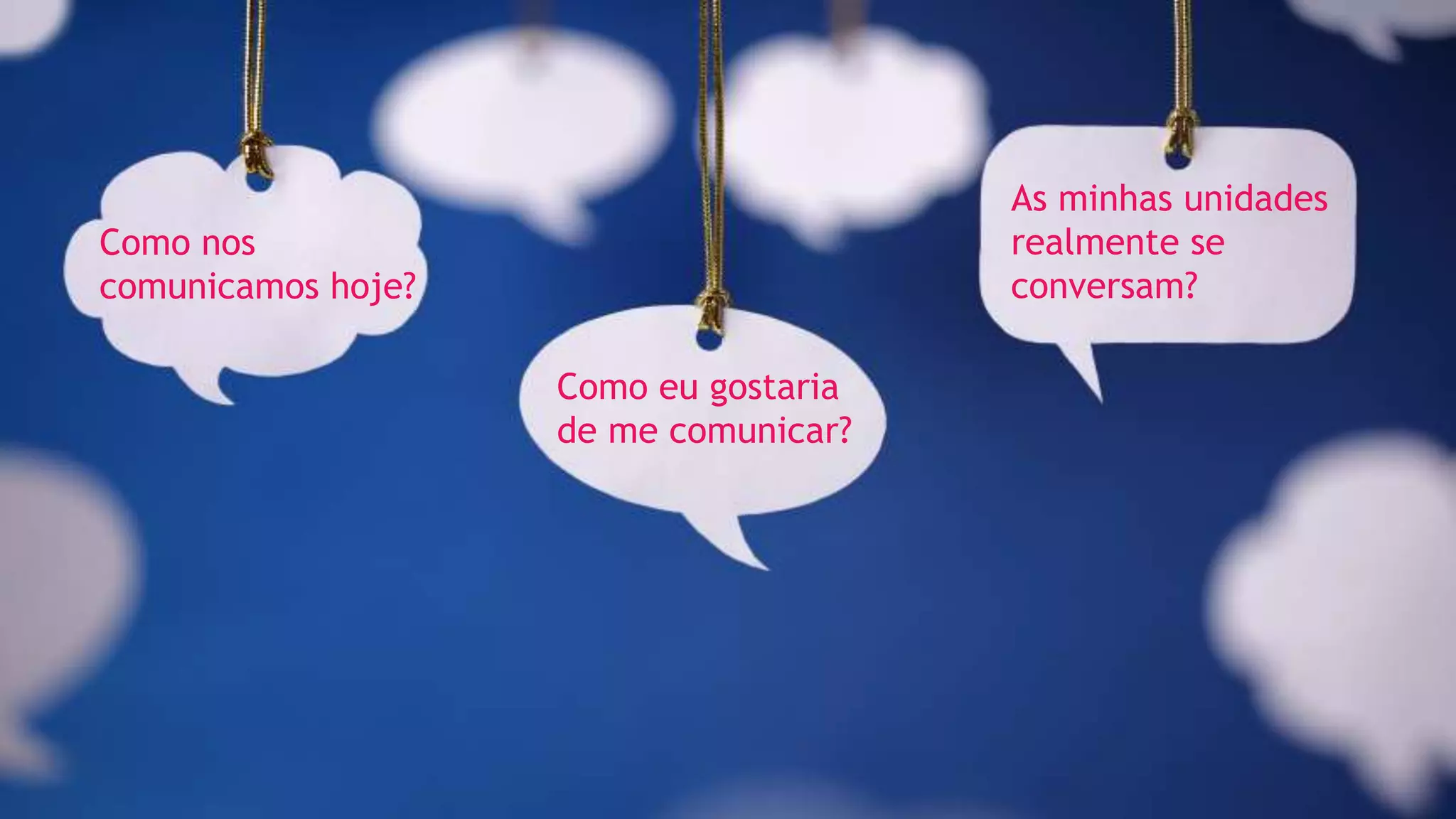 As minhas unidades
realmente se
conversam?
Como nos
comunicamos hoje?
Como eu gostaria
de me comunicar?
 