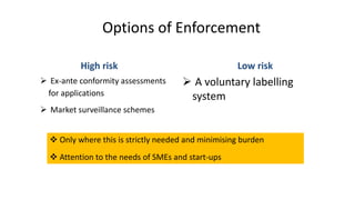 High risk
➢ Ex-ante conformity assessments
for applications
➢ Market surveillance schemes
Low risk
➢ A voluntary labelling
system
Options of Enforcement
❖ Only where this is strictly needed and minimising burden
❖ Attention to the needs of SMEs and start-ups
 