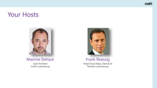 Your Hosts
2
Lead Architect
Codit Luxembourg
Maxime Dehaut
Head Cloud Apps, Data & AI
Telindus Luxembourg
Frank Roessig
 