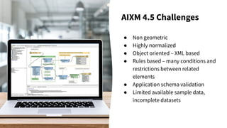 AIXM 4.5 Challenges
● Non geometric
● Highly normalized
● Object oriented – XML based
● Rules based – many conditions and
restrictions between related
elements
● Application schema validation
● Limited available sample data,
incomplete datasets
 