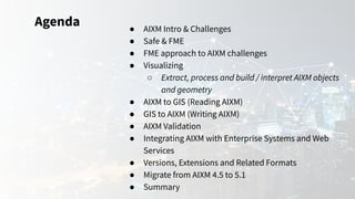 Agenda ● AIXM Intro & Challenges
● Safe & FME
● FME approach to AIXM challenges
● Visualizing
○ Extract, process and build / interpret AIXM objects
and geometry
● AIXM to GIS (Reading AIXM)
● GIS to AIXM (Writing AIXM)
● AIXM Validation
● Integrating AIXM with Enterprise Systems and Web
Services
● Versions, Extensions and Related Formats
● Migrate from AIXM 4.5 to 5.1
● Summary
 