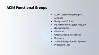 AIXM Functional Groups
• ADHP (Aerodrome/Heliport)
• Airspace
• Designated Points
• MSA (Minimum Sector Altitude)
• Navigation Aids
• Obstacles
• Organizational Authorities
• Runways
• Special Navigation Aid Systems
• Procedure Legs
 