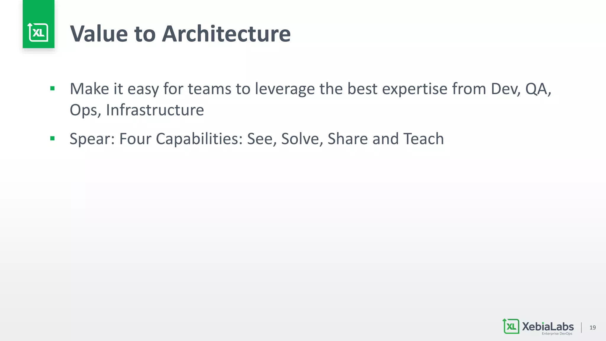 19
Value to Architecture
▪ Make it easy for teams to leverage the best expertise from Dev, QA,
Ops, Infrastructure
▪ Spear: Four Capabilities: See, Solve, Share and Teach
 