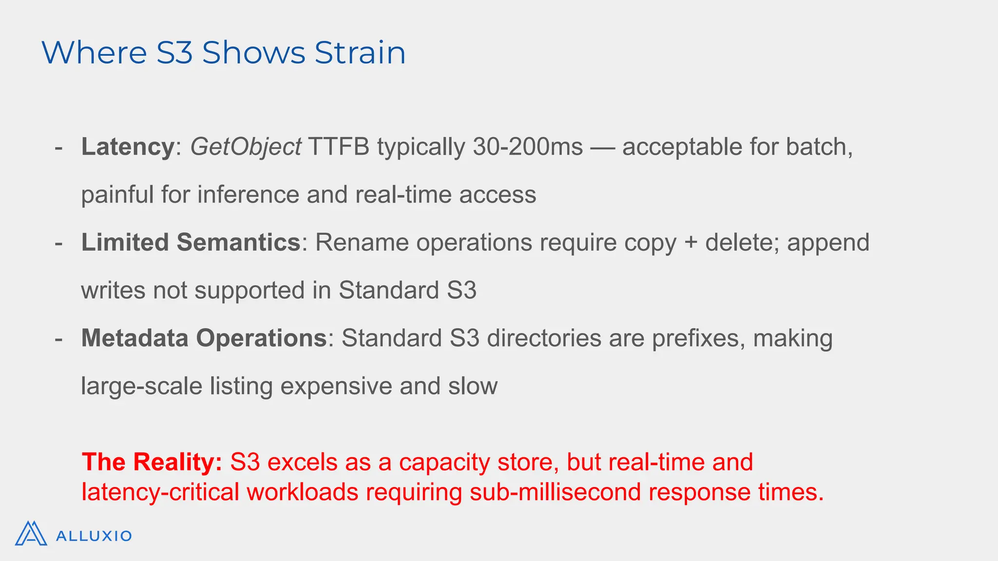 - Latency: GetObject TTFB typically 30-200ms — acceptable for batch,
painful for inference and real-time access
- Limited Semantics: Rename operations require copy + delete; append
writes not supported in Standard S3
- Metadata Operations: Standard S3 directories are prefixes, making
large-scale listing expensive and slow
Where S3 Shows Strain
The Reality: S3 excels as a capacity store, but real-time and
latency-critical workloads requiring sub-millisecond response times.
 