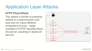 12 ©2017 Acquia Inc. — Confidential and Proprietary
Application Layer Attacks
HTTP Flood Attack
This attack is similar to pressing
refresh in a web browser over
and over on many different
computers at once – large
numbers of HTTP requests flood
the server, resulting in denial-of-
service.
 